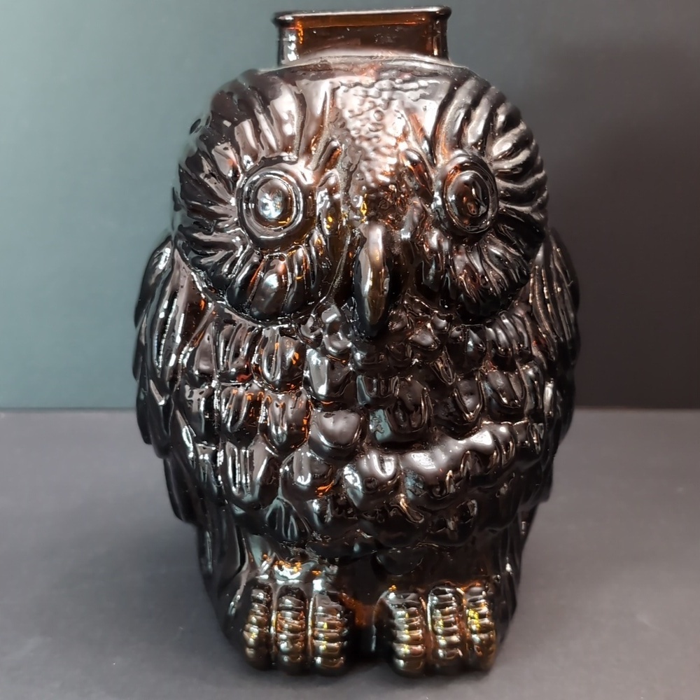 Vintage 1949s Amber Glass Wise Old Owl Coin Bank.